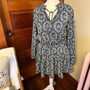 Cupshe Navy and Cream Patterned Long Sleeve Dress